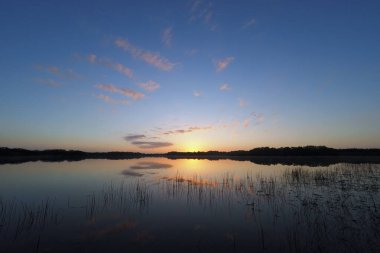 Everglades Ulusal Parkı 'nda gölün üzerinde gün doğumu.