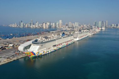 Coronavirüs salgını sırasında Miami Limanı 'na yanaşan yolcu gemilerinin hava görüntüsü..