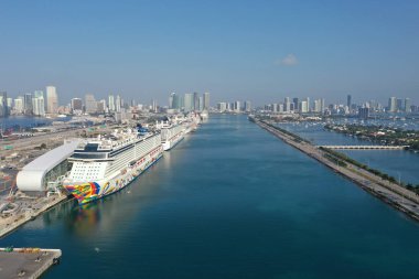 Coronavirüs salgını sırasında Miami Limanı 'na yanaşan yolcu gemilerinin hava görüntüsü..