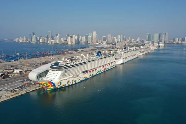 Vista aerea delle navi da crociera attraccate a Port Miami durante la pandemia di coronavirus . — Foto Stock