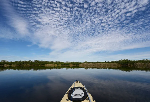 Каякинг под красивым летним облаком, отраженный на 9-мильном пруду в Национальном парке Эверглейдс, Флорида . — стоковое фото