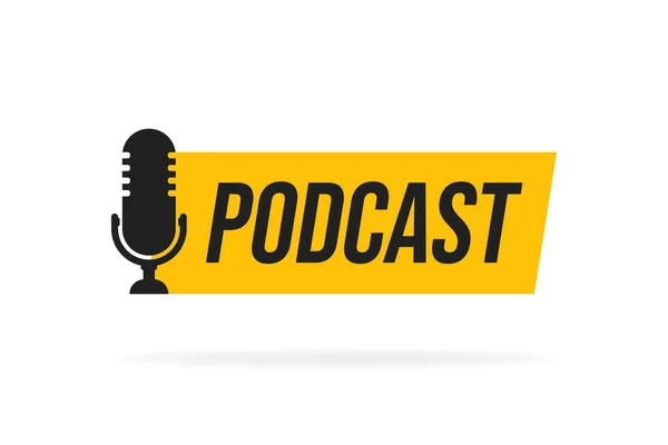 Podcast. Ilustração plana do vetor, ícone, projeto do logotipo no fundo branco —  Vetores de Stock