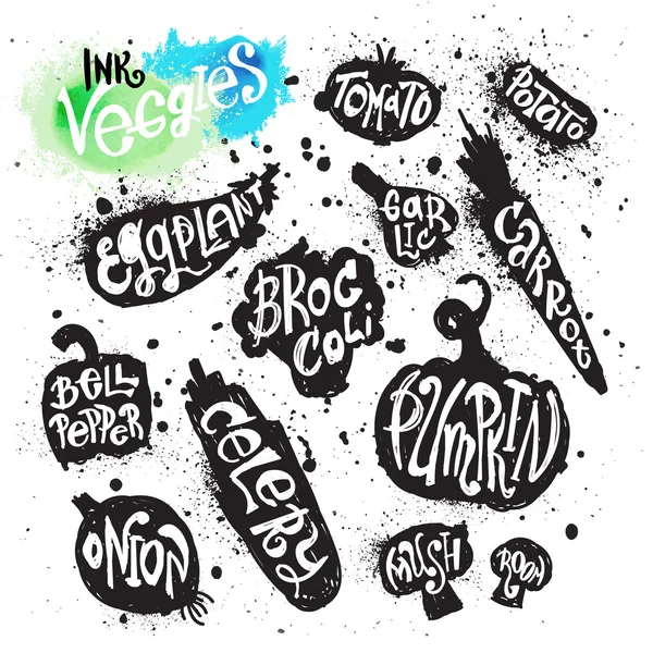 Spray vernice raccolta di inchiostro schizzo verdure silhouette ill — Vettoriale Stock