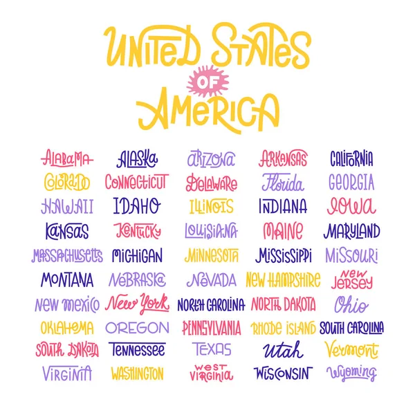 Suai huruf dari nama-nama negara bagian Amerika, AS typogr - Stok Vektor