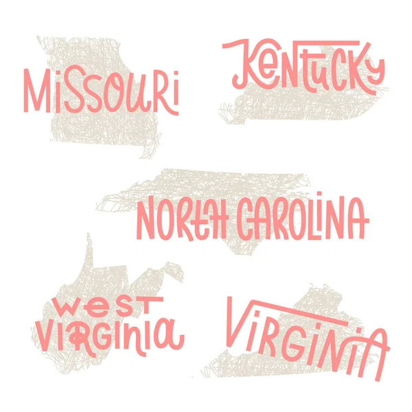 密苏里州，肯塔基州，北卡罗莱纳州，西弗吉尼亚州，弗吉尼亚州美国 — 图库矢量图片