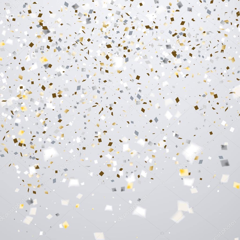 Clean holiday background with flying golden and white confetti, 