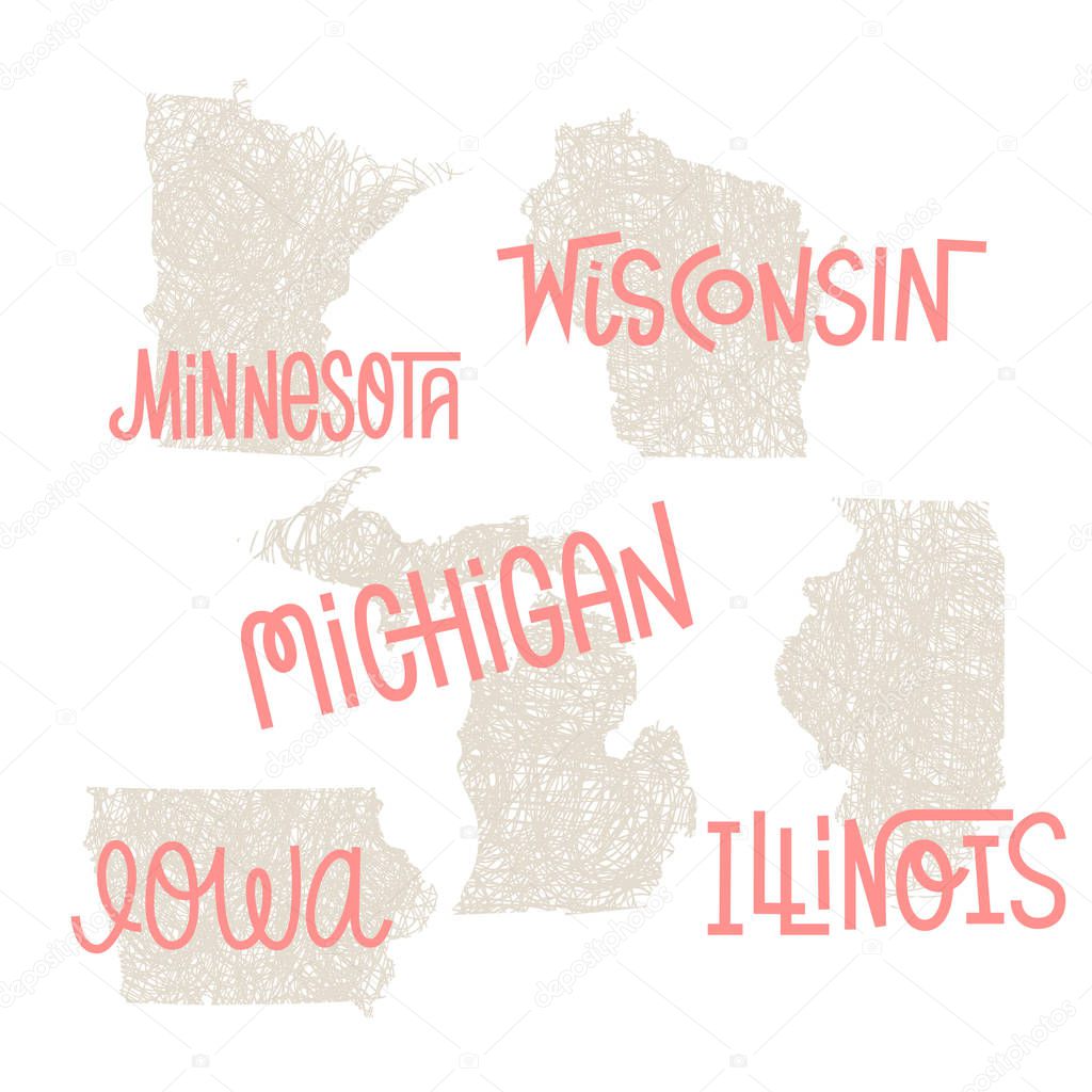 Minnesota, Wisconsin, Michigan,Iowa, Illinois USA state outline 