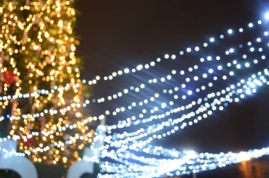 Akşam ve gece, Noel ağacı şehrin ışıklarıyla parlar.