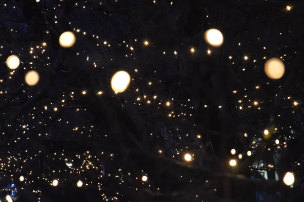 Las guirnaldas borrosas de Año Nuevo brillan por la noche en composición —  Fotos de Stock