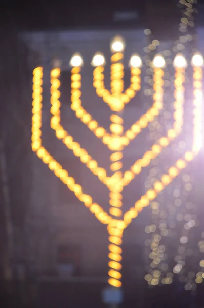 New Year's menorah with illumination at night a garland — 스톡 사진