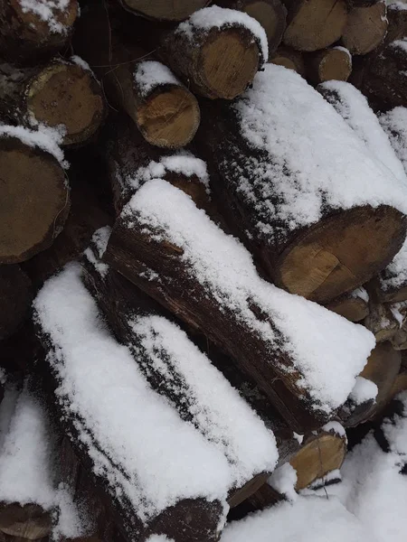 Χιονισμένο ξύλο για τη σόμπα καλυμμένο με χιόνι το χειμώνα — Φωτογραφία Αρχείου