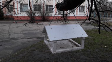 Ağaç dallarında asılı el yapımı kuş besleyiciler.