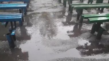 Bahar yağmuru yağıyor ve su damlaları su birikintilerine damlıyor.