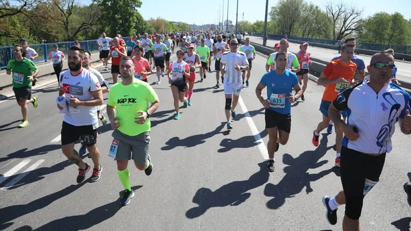 Los competidores de la 31ª carrera internacional de Maratón de Belgrado corren en la calle de la ciudad — Foto de Stock