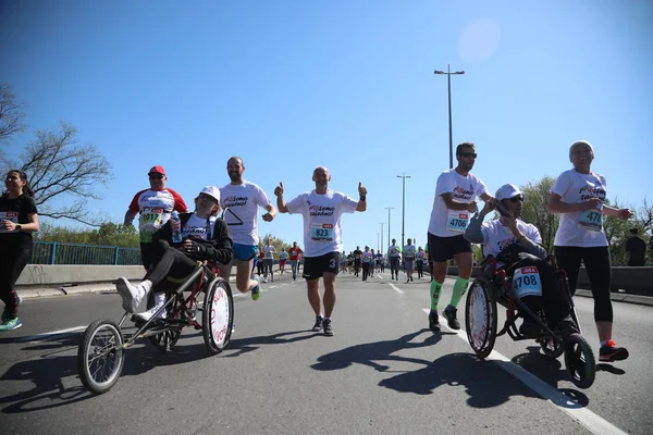Funktionshindrade löpare i rullstolar tävla i race på 31. Belgrad Halvmarathon Royaltyfria Stockbilder