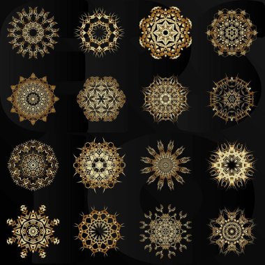 Dekoratif el yapımı mandala elementleri, altın çiçek desenleri.
