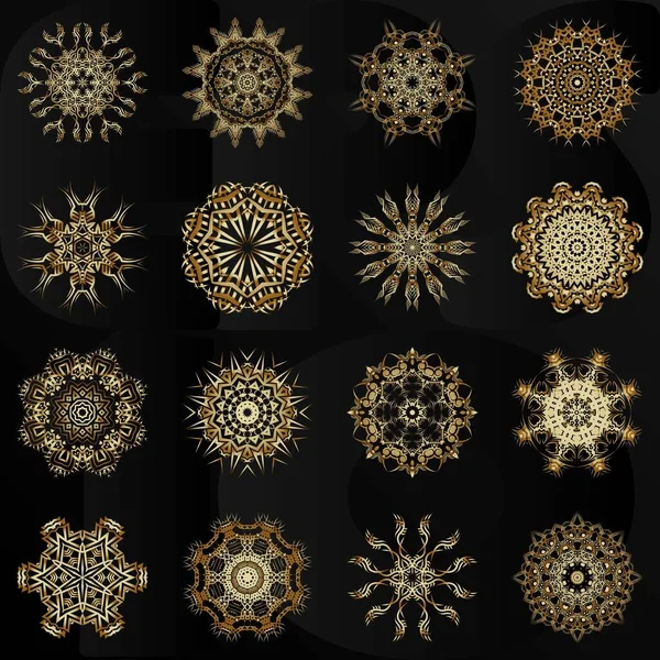 Dekoratif el yapımı mandala elementleri, altın çiçek desenleri.