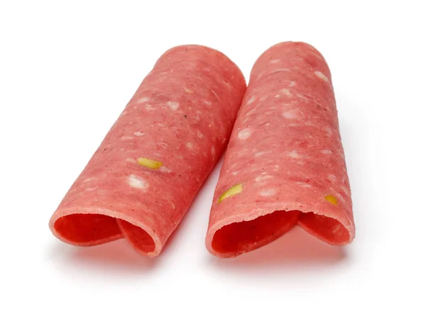 Salami slices with pistachio, isolated — Stock Photo, Image