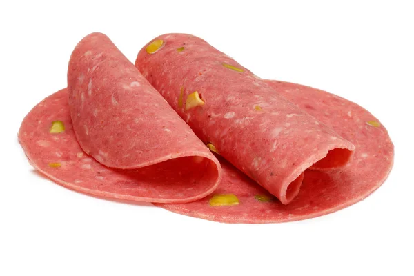 Spanish Salami Slices Pistachio Isolated White Background — Stock Photo, Image