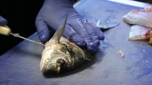 Nettoyage Brème Tête Dorée Des Boyaux Poisson — Video