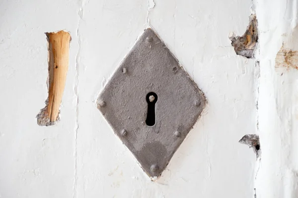 Lock Keyhole White Old Wooden Door — Stock Photo, Image