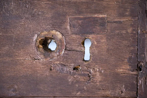 Anahtar Deliğini Eski Kahverengi Ahşap Kapıya Kilitle — Stok fotoğraf