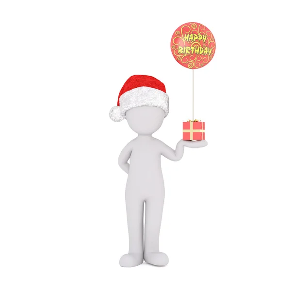 3D rendered figure in Christmas hat holding gift ストック写真