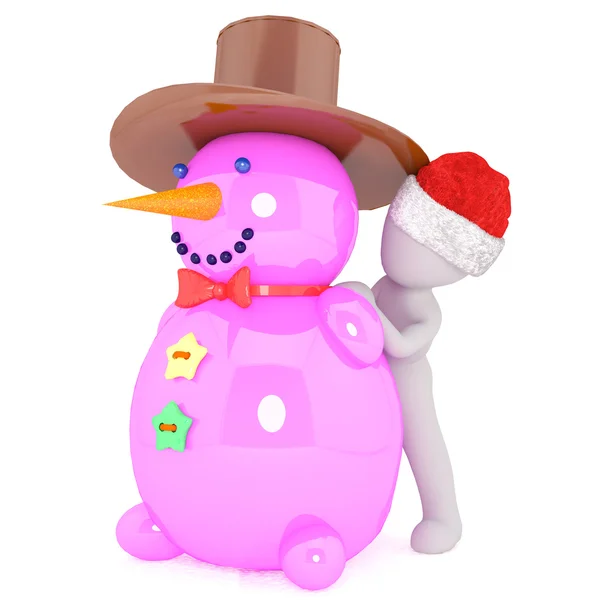 Single 3D illustrated figure stands by big snowman — Stock Photo, Image