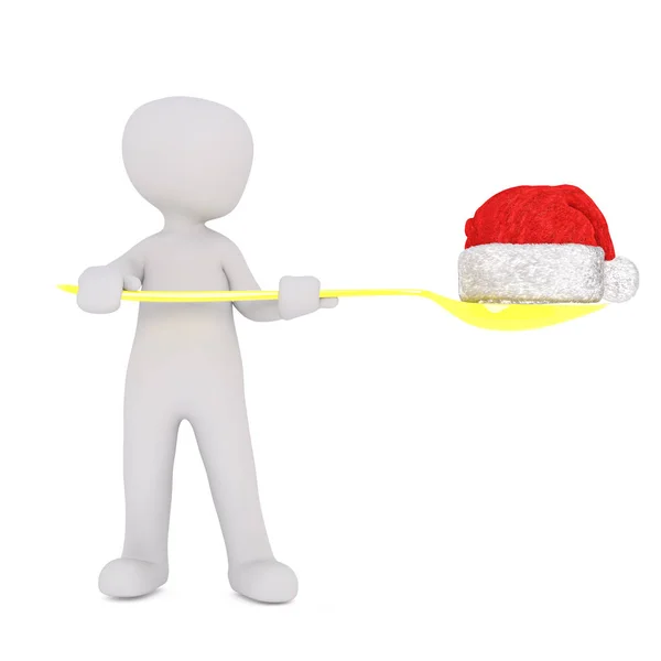 3d uomo bilanciamento di un cappello di Babbo Natale su un cucchiaio — Foto Stock