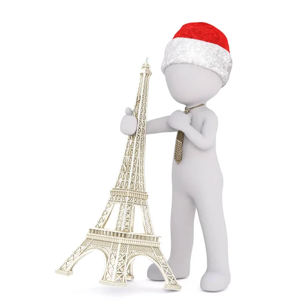 3D-Geschäftsmann in Krawatte kippt den Eiffelturm — Stockfoto