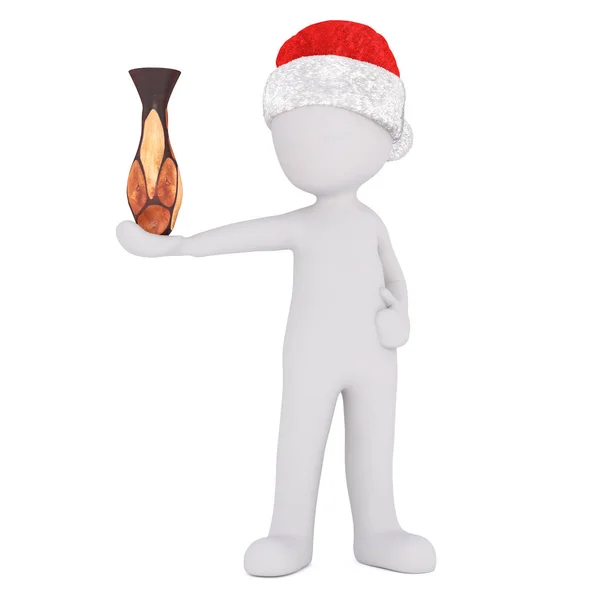 3D-Zeichentrickfigur in Weihnachtsmannhut balanciert Vase auf der Hand — Stockfoto