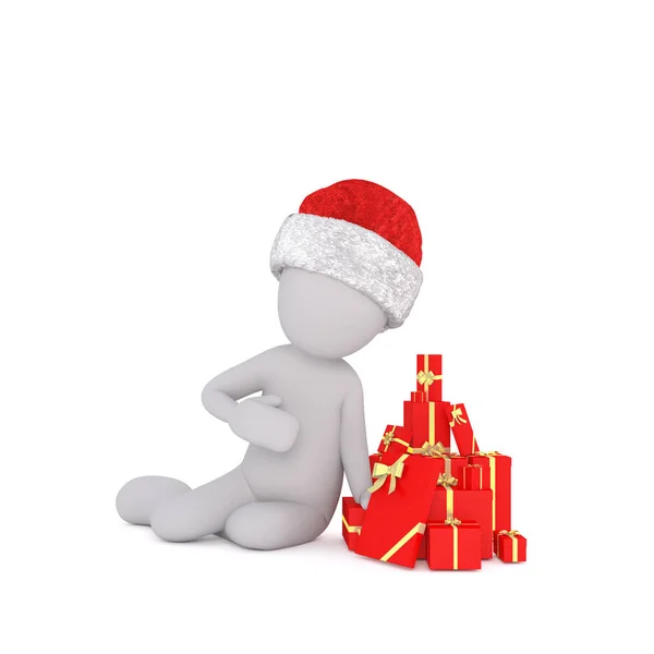 3d hombre sentado al lado de un montón de regalos de Navidad — Foto de Stock