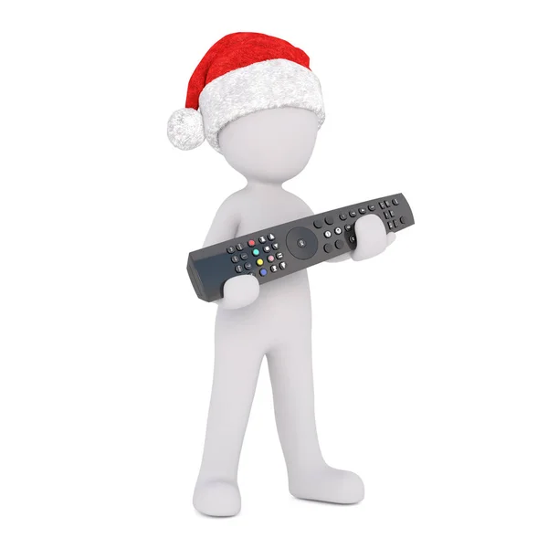 3d man in a red Santa hat holding a media remote — Stock Photo, Image