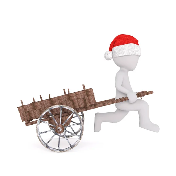 3d toon en santa hat tirando de carro de madera —  Fotos de Stock