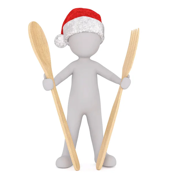 3d uomo in un cappello di Babbo Natale che tiene utensili da cucina — Foto Stock