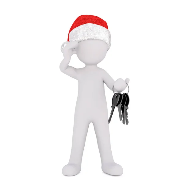 Festive 3d man in a Santa hat holding keys — Stock Photo, Image