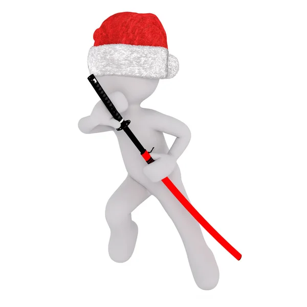 3D Τουν στο καπέλο Santa κατάρτιση σπαθί σαμουράι — Φωτογραφία Αρχείου