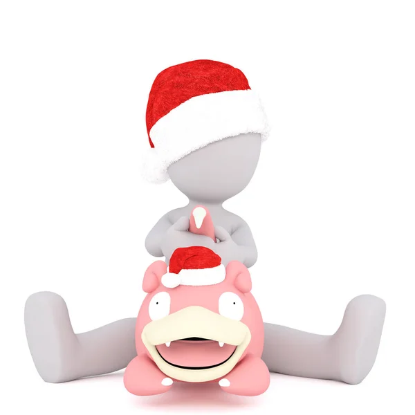 3d toon in Santa hat riding large pink pig — Stock Photo, Image