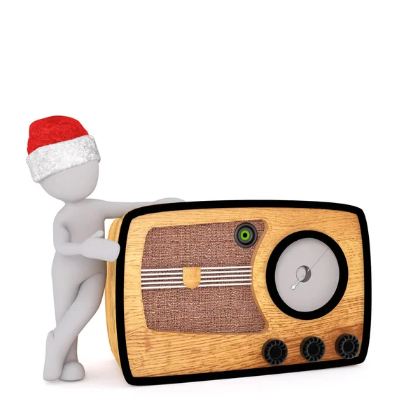 3d toon in Santa hat leaning on retro radio — Stock Photo, Image