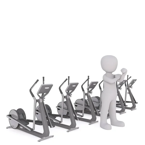 3D figure holding bicep muscle near exercise bikes — Stock Photo, Image