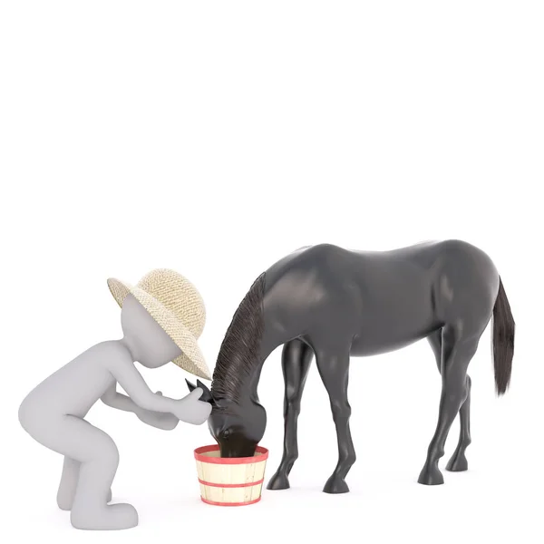 One 3D rendered figure feeds his black horse — Stock Photo, Image
