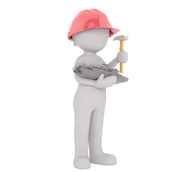 3D rendered figure holds hammer and mini trawler — Stock Photo, Image