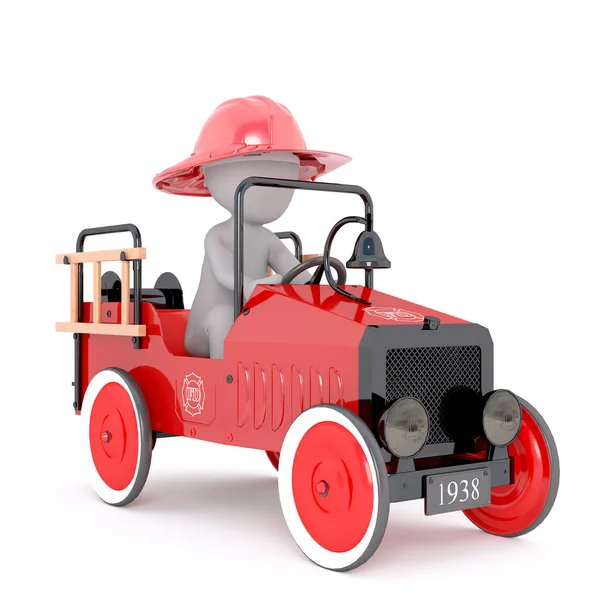 Cartoon Fire Fighter Driving Antique Fire Truck — Stock Photo, Image
