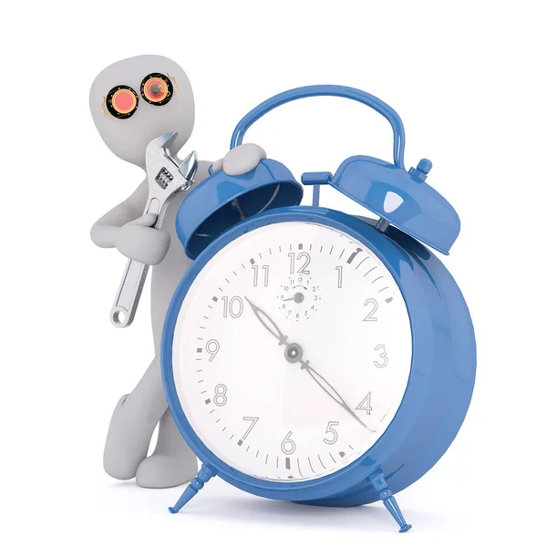 Inventor de dibujos animados al lado del reloj de alarma azul con herramienta — Foto de Stock