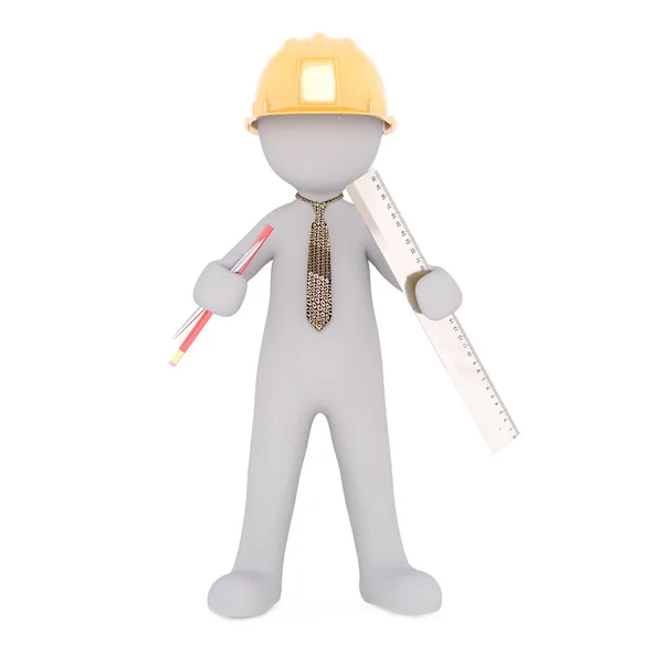 Cartoon Architect with Hard Hat, Ruler and Pencil — Stock Photo, Image