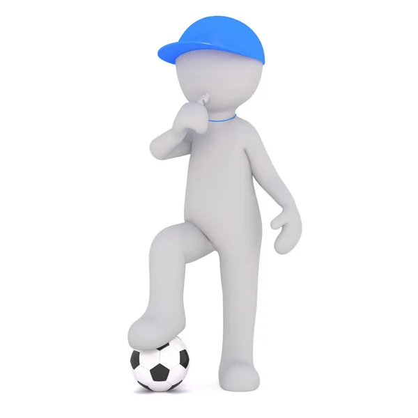 Fotbalový trenér v modré víčko fouká pískat kreslený — Stock fotografie