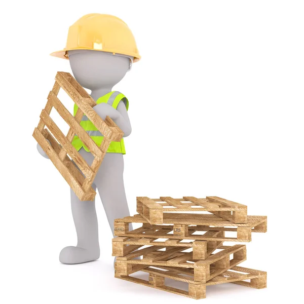 Trabajador de construcción de dibujos animados apilando paletas de madera —  Fotos de Stock