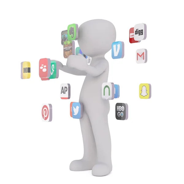 Application Icons Hovering Around Cartoon Figure — Stock Photo, Image