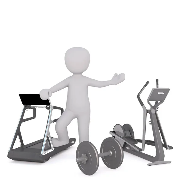 Little cartoon man welcomes to gym — Stock Photo, Image