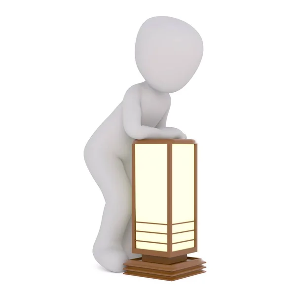 3D incognito cartoon man with wooden lamp — Stock Photo, Image